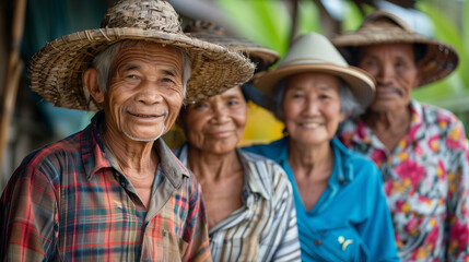 Wall Mural - Small group of Thai villagers in traditional clothing. Happy and smiling for the camera.