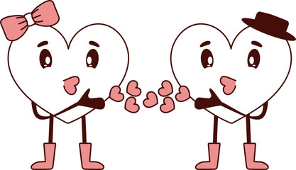 Poster - Cartoon Heart Couple Flying Kiss Each Other In Flat Style.