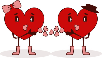 Poster - Cartoon Heart Couple Flying Kiss Each Other In Flat Style.