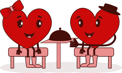 Sticker - Vector Illustration Of Cartoon Heart Couple Enjoying Dating At Table.