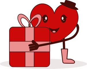 Poster - Cartoon Male Heart Holding Gift Box In Red And Brown Color.