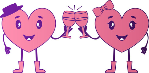 Wall Mural - Pink And Purple Cartoon Heart Couple Enjoying Drinks Icon.