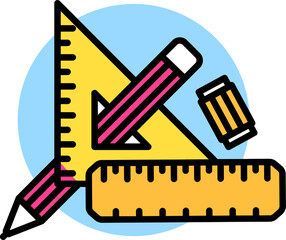 Poster - Flat style Triangle protractor with ruler, eraser and pencil geometric icon.