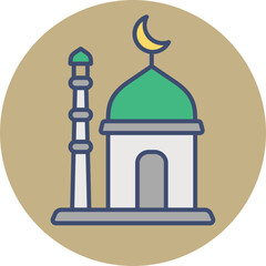 Sticker - Mosque Minaret icon on brown circle background.