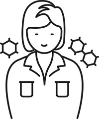 Sticker - Cells or Molecules woman scientist icon in black outline.