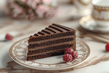 Wall Mural - decadent slice of chocolate cake on a vintage dessert plate, leaving space for your message