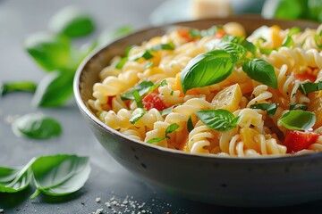 Wall Mural - An appetizing bowl of creamy pasta with vibrant vegetables, ideal for adding your marketing text