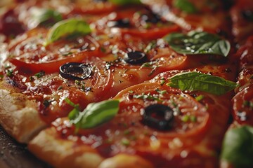 Wall Mural - Close-up of a delicious homemade pizza with assorted toppings, leaving room for your promotional message