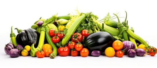 Canvas Print - A pile of tomatoes, zucchinis, and eggplants stacked on top of each other, with a garden pruner placed nearby, all on a clean white background.