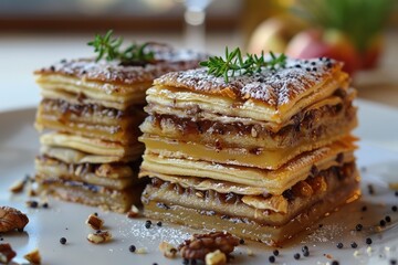 Wall Mural - traditional Hungarian Jewish pastry, filled with layers of apple puree, layers of walnuts, layers of extreme amount of poppy seeds, and plum jam, cut into rectangles