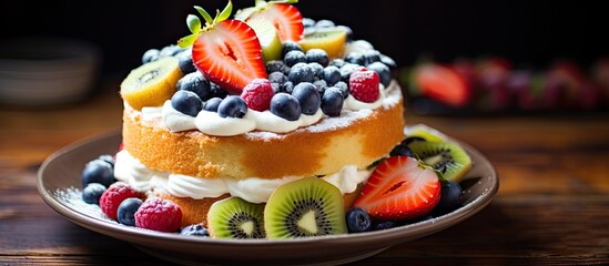 Poster - A decadent fresh fruit sponge cake topped with a colorful assortment of kiwi, blueberries, peach, grapes, and strawberries, served on a wooden table.