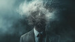 Man in suit with a smoky, spark-filled head silhouette. Visual metaphor for the turmoil of depression or mental illness