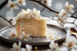food photograph featuring a beautiful vanilla cream cake crafted in molecular kitchen style, beautifully decorated
