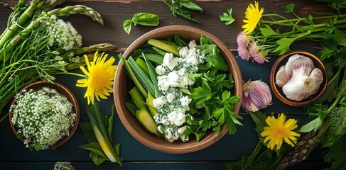 Healthy ingredients for spring detox. dandelion, asparagus, wild garlic, flowers, nettle, and cream cheese salad, Generative AI