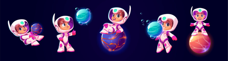 Wall Mural - astronaut kids set isolated on black background. vector cartoon illustration of cute child in astron