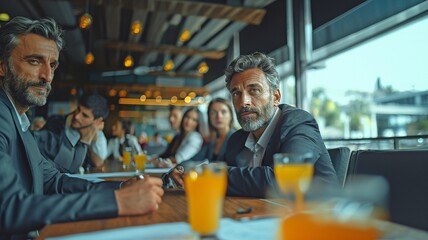 During an office meeting, male and female coworkers of different countries are standing and talking about company goals.