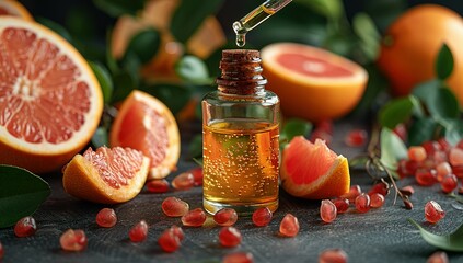 Dripping grapefruit essential oil from pipette into bottle and fresh fruit on table, closeup