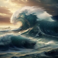 Wall Mural - view of high sea waves, beautiful landscape for posters, web, social media. generative ai