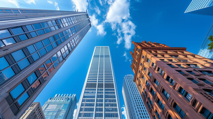 Classic brick and modern glass office buildings in downtown on a sunny day. Architectural blend in modern financial district.