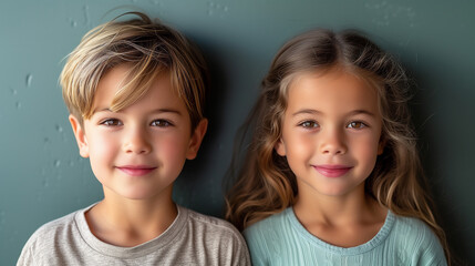 Wall Mural - Young brother and sister with neutral smiles on dark neutral background.