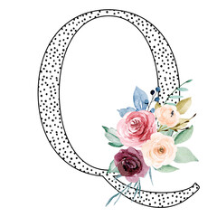 Wall Mural - Letter Q with watercolor flowers and leaf. Monogram initial, letterhead perfectly for wedding invitations, greeting card, logo, poster and other design. Hand drawing.