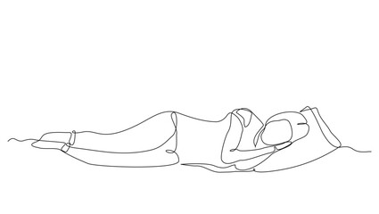 Wall Mural - Continuous single line sketch drawing of woman sleeping on pillow bed one line lifestyle vector illustration