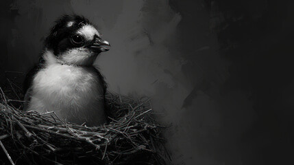 Sticker - a black and white picture of a small bird in a nest with hay on it's side and a dark background.