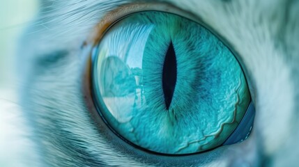 Wall Mural - a close up of a cat's eye with the reflection of the sky in the cat's eye.