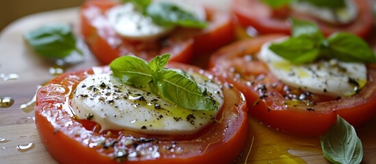 Wall Mural - A close-up image of tomatoes with mozzarella and basil on a cutting board, a staple food in Italian cuisine, commonly used as a garnish in dishes and recipes.