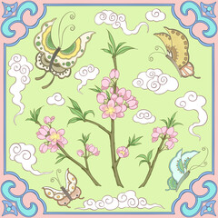  Peach blossom pattern design, branches, leaves, blooming flowers and butterflies, digital art.