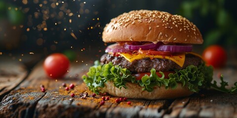 Wall Mural - fresh beef cheeseburger sandwich with flying ingredients and spices hot ready to serve and eat with copyspace area. Generative AI
