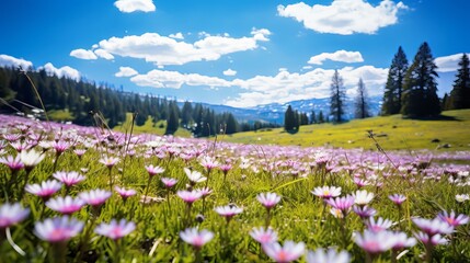 Wall Mural - Springtime in a colorful meadow with various flowers and green grass