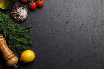 Poster - Cooking scene: Cherry tomatoes, herbs and spices on table