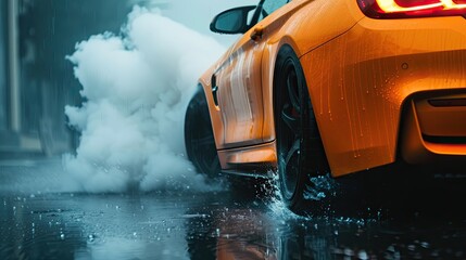 Wall Mural - Dynamic image of an orange sports car driving through rain puddles on a wet surface, splashing water around