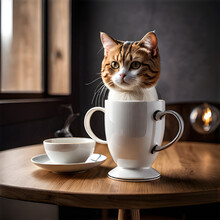 A Cat In The Cup Of Tea On The Table With Window