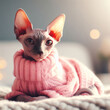 A cozy and cute cute regal sphynx cat wearing a warm knit pink sweater, surrounded by natural light, generative AI