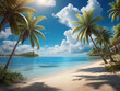 Turquoise water of a tropical sea, palm trees along the beach, feathered clouds, generative ai