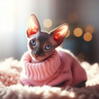 A cozy and cute cute regal sphynx cat wearing a warm knit pink sweater, surrounded by natural light, generative AI