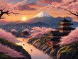 An old Japanese city, mountains and sakura blossom, colorful sunset landscape, generative ai