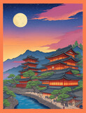 Fototapeta Na drzwi - An old Japanese city, mountains and sakura blossom, colorful sunset landscape, generative ai