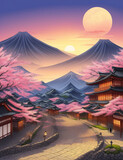 Fototapeta Na drzwi - An old Japanese city, mountains and sakura blossom, colorful sunset landscape, generative ai