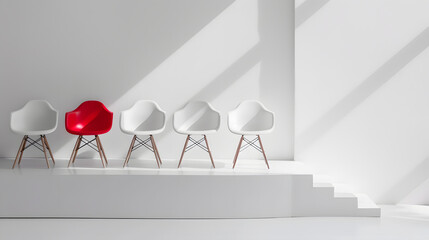 An illustration of the uniqueness of red colored chair that stands out distinctively among other white colored ones