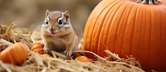 A chipmunk perched on a pumpkin resting on a pile of hay. The chipmunk is small and striped, surrounded by straw and a bright orange pumpkin.