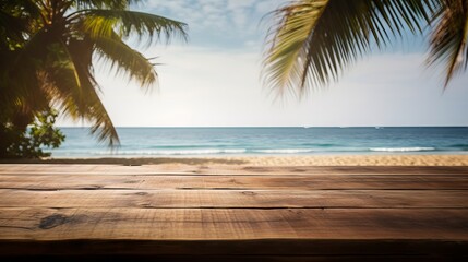 Wall Mural - Wooden table with blue sky, palm trees, and ocean view in the background