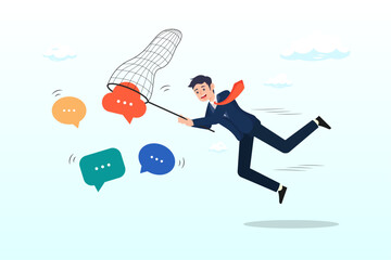 Businessman catching dialog speech bubble, requirement gathering, catch up meeting summary, client or customer opinion, conversation, effective communication or message and conversation (Vector)