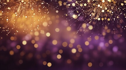 Wall Mural - New year celebration with gold and violet fireworks and bokeh effect. Abstract holiday background with copy space.