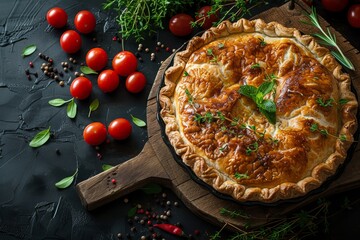 Wall Mural - Top view of meat pie with vegetables on a wooden board