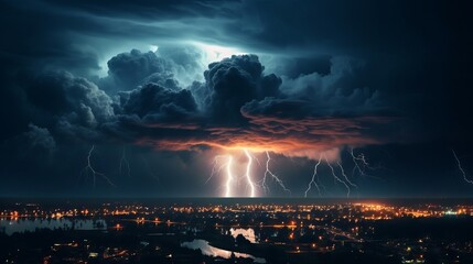 spectacular thunderstorm with bright flashes and heavy rain in nocturnal urban scene