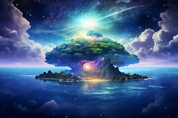 Wall Mural - starry-eyed floating island in a surreal summer sky: a captivating 8k art image