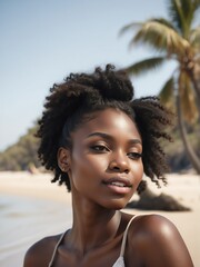 Wall Mural - Portrait of black african young female model on the beach summer love, romance and a happy ad lifestyle concept from Generative AI